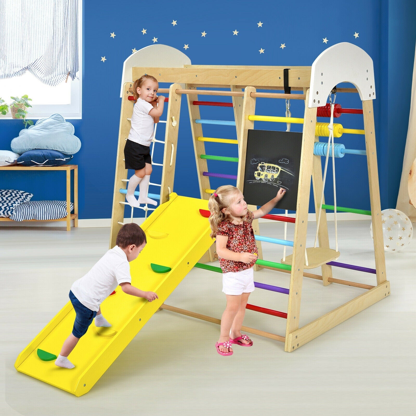 Indoor Playground Climbing Gym Wooden 8 in 1 Climber Playset for Children