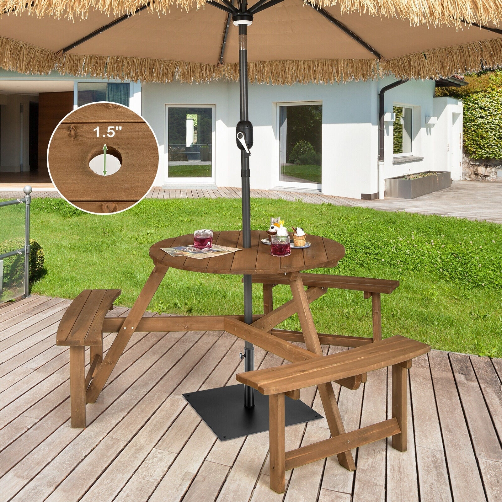 6-person Round Wooden Outdoor Picnic Table Benches Set with Umbrella Hole