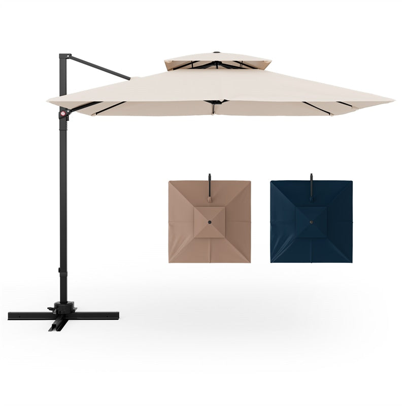 9.5FT Double Top Cantilever Umbrella Heavy Duty Offset Hanging Patio Umbrella Square Outdoor Umbrella with 360° Rotation & Cross Base