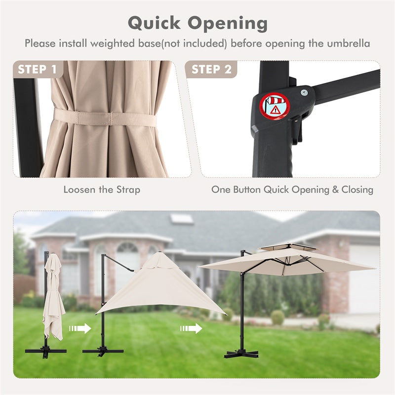 9.5FT Double Top Cantilever Umbrella Heavy Duty Offset Hanging Patio Umbrella Square Outdoor Umbrella with 360° Rotation & Cross Base