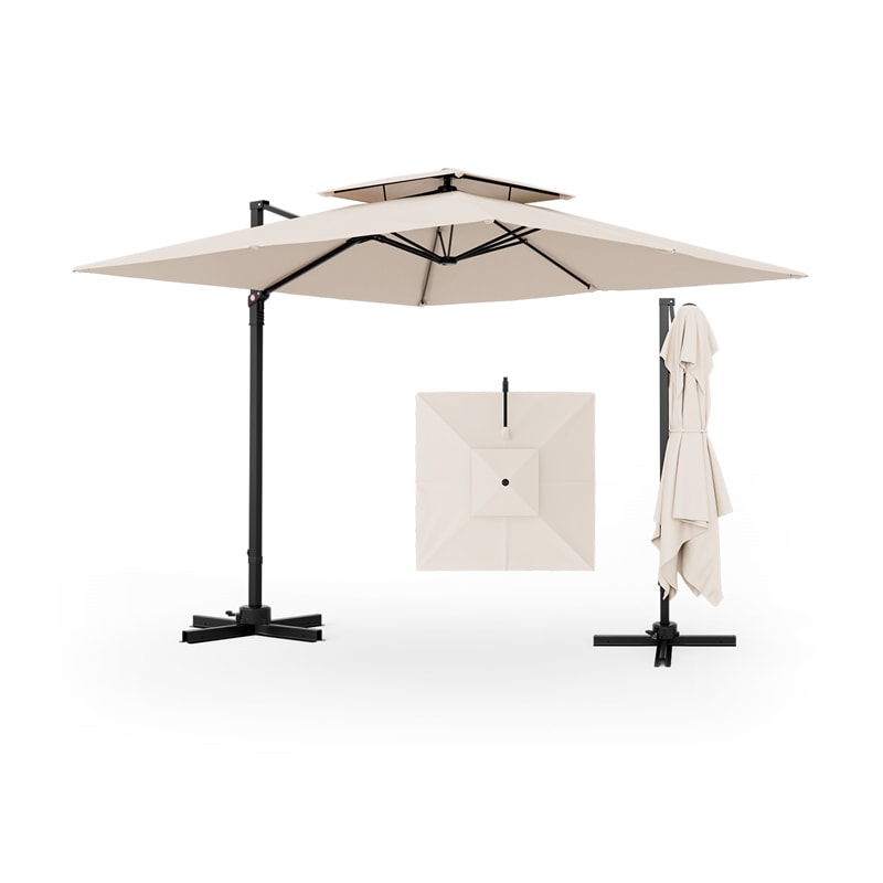 9.5FT Double Top Cantilever Umbrella Heavy Duty Offset Hanging Patio Umbrella Square Outdoor Umbrella with 360° Rotation & Cross Base