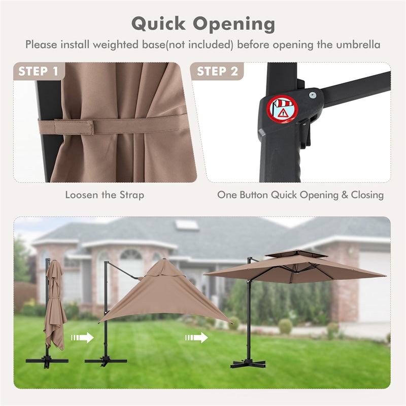 9.5FT Double Top Cantilever Umbrella Heavy Duty Offset Hanging Patio Umbrella Square Outdoor Umbrella with 360° Rotation & Cross Base