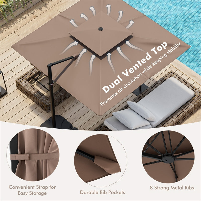 9.5FT Double Top Cantilever Umbrella Heavy Duty Offset Hanging Patio Umbrella Square Outdoor Umbrella with 360° Rotation & Cross Base