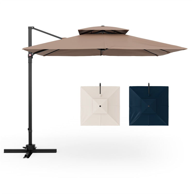 9.5FT Double Top Cantilever Umbrella Heavy Duty Offset Hanging Patio Umbrella Square Outdoor Umbrella with 360° Rotation & Cross Base