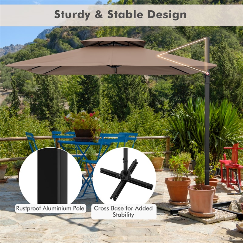 9.5FT Double Top Cantilever Umbrella Heavy Duty Offset Hanging Patio Umbrella Square Outdoor Umbrella with 360° Rotation & Cross Base