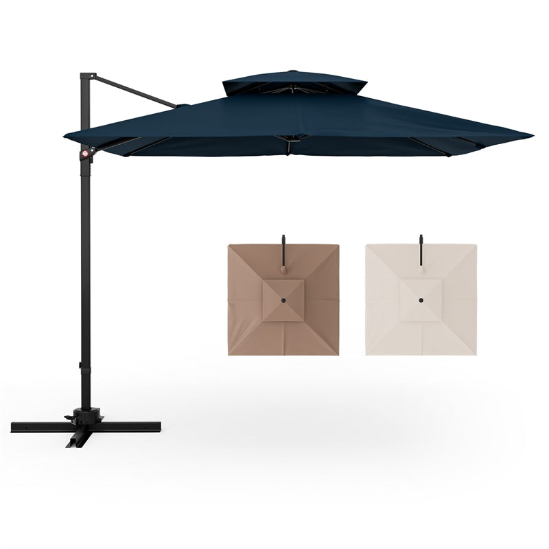 9.5FT Double Top Cantilever Umbrella Heavy Duty Offset Hanging Patio Umbrella Square Outdoor Umbrella with 360° Rotation & Cross Base