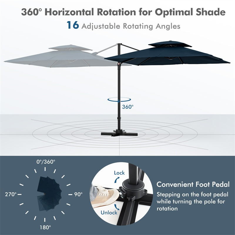 9.5FT Double Top Cantilever Umbrella Heavy Duty Offset Hanging Patio Umbrella Square Outdoor Umbrella with 360° Rotation & Cross Base