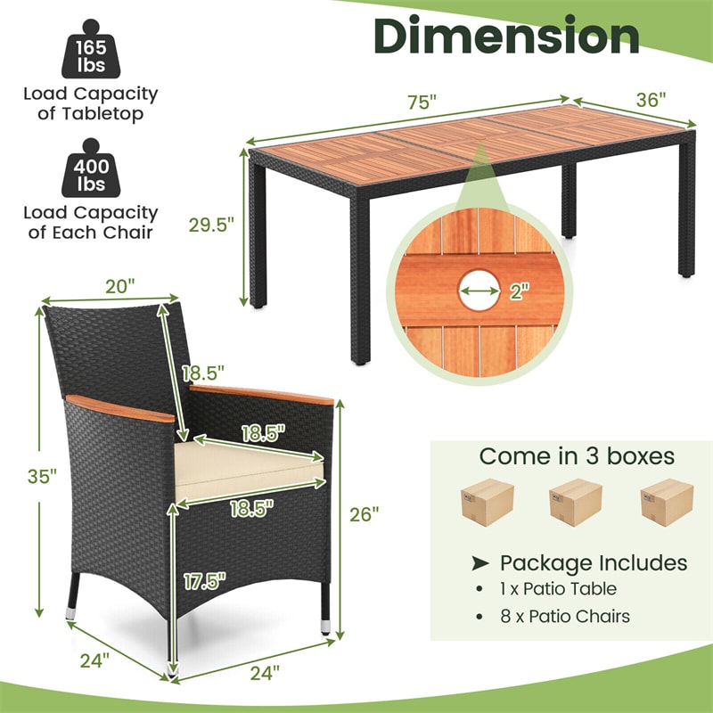 9 Pieces Rattan Outdoor Dining Set Large Patio Conversation Set with Acacia Wood Tabletop, Umbrella Hole & Seat Cushions