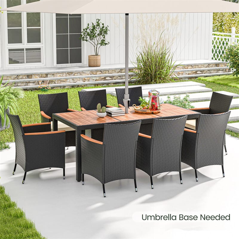 9 Pieces Rattan Outdoor Dining Set Large Patio Conversation Set with Acacia Wood Tabletop, Umbrella Hole & Seat Cushions