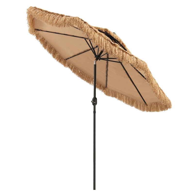 9 ft 2-Tier Thatched Patio Umbrella Hawaiian Style Grass Beach Umbrella with Crank Handle