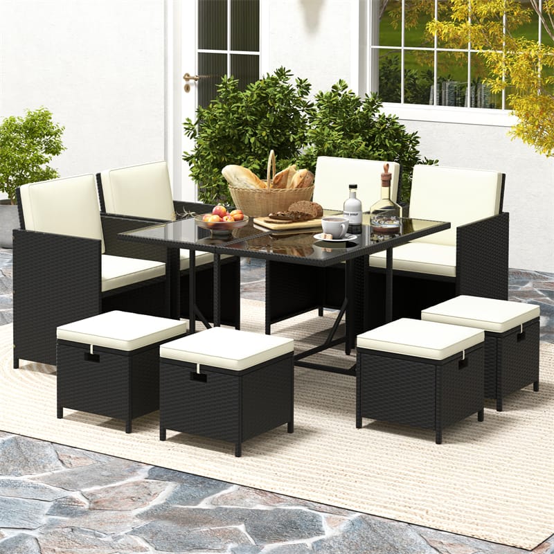 9 Pieces Outdoor Dining Furniture Set Rattan Patio Conversation Set Space Saving Wicker Cushioned Chairs Tempered Glass Table with Ottomans