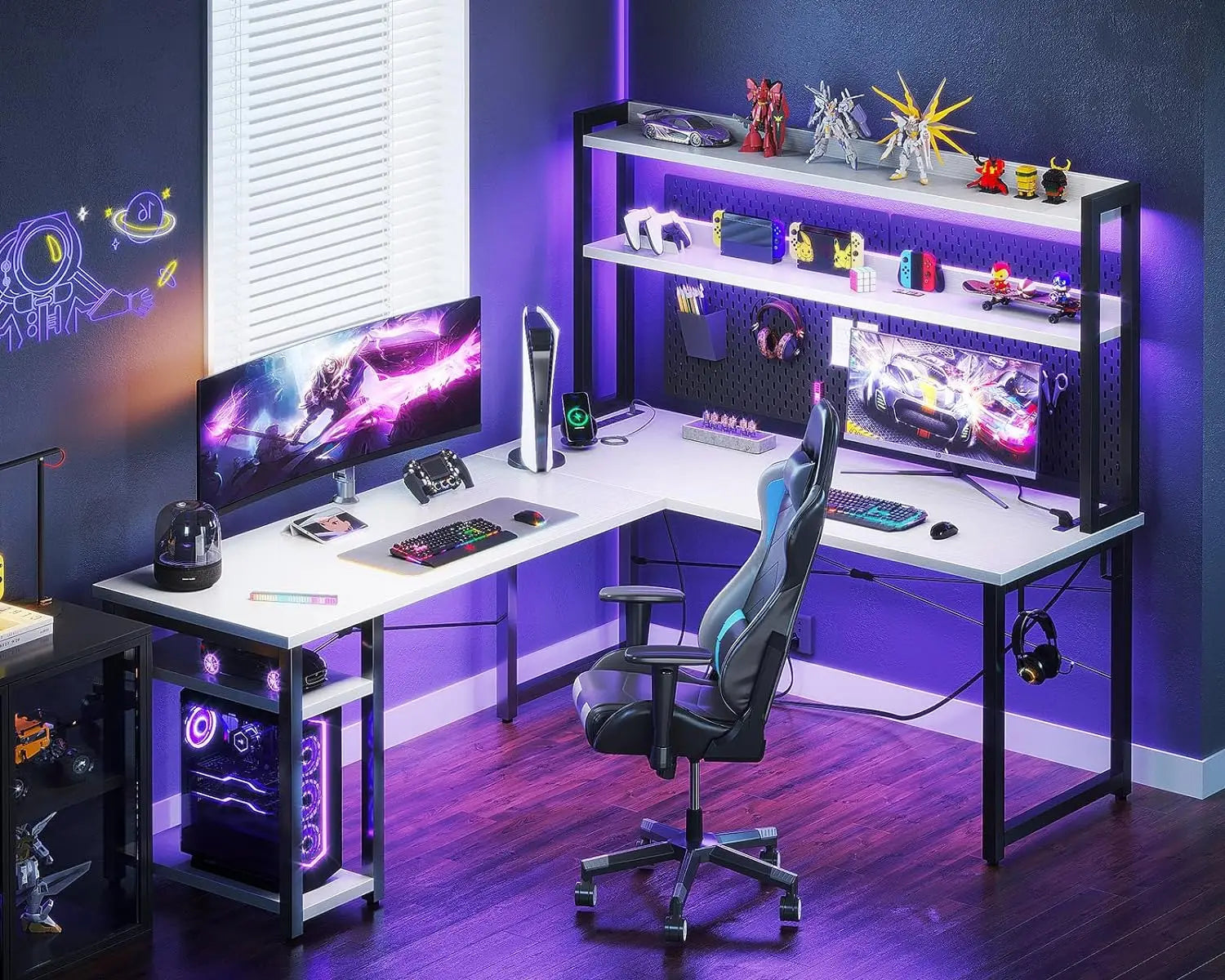 L-Shaped Gaming Desk with Hutch, Power & LED Strip, 59" Reversible Desk with Storage & Monitor Stand - ElitePlayPro