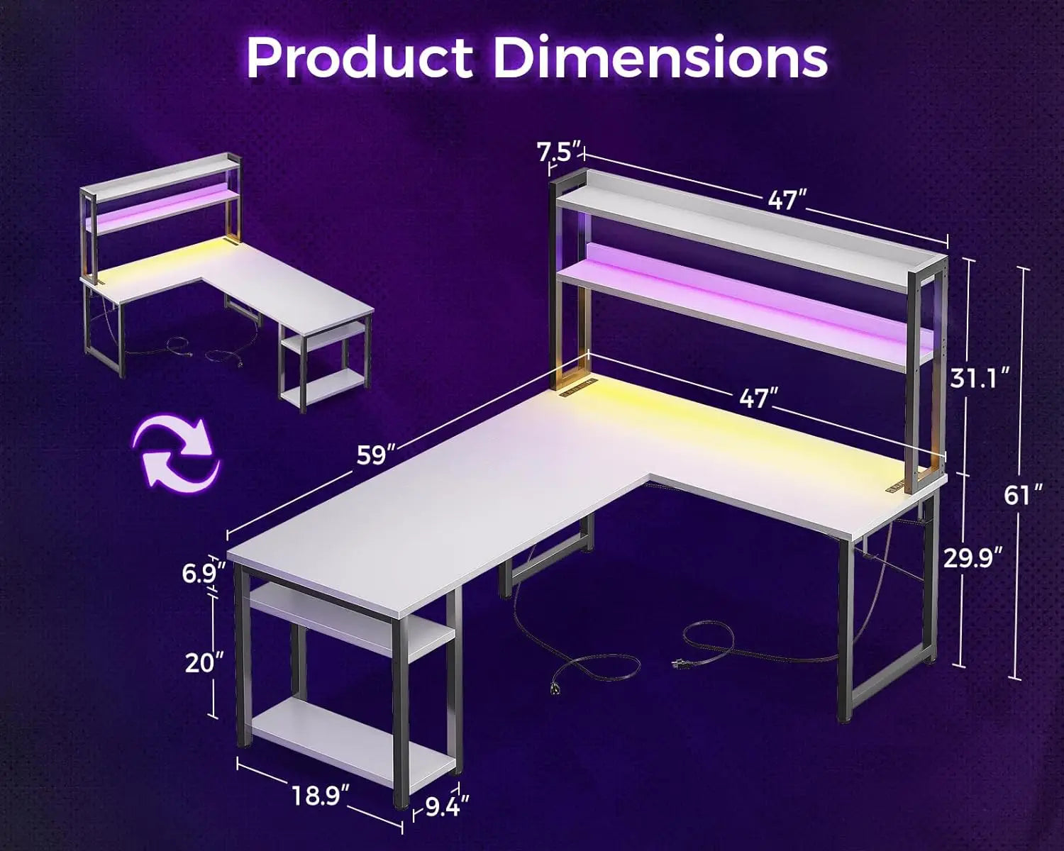 L-Shaped Gaming Desk with Hutch, Power & LED Strip, 59" Reversible Desk with Storage & Monitor Stand - ElitePlayPro