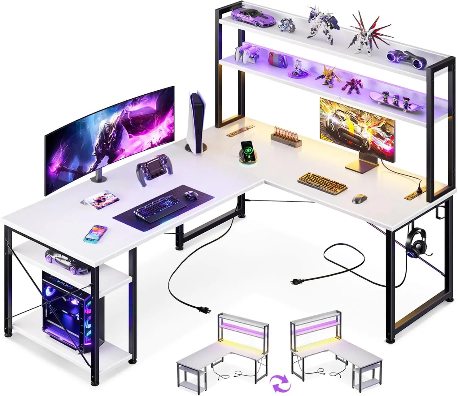 L-Shaped Gaming Desk with Hutch, Power & LED Strip, 59" Reversible Desk with Storage & Monitor Stand - ElitePlayPro