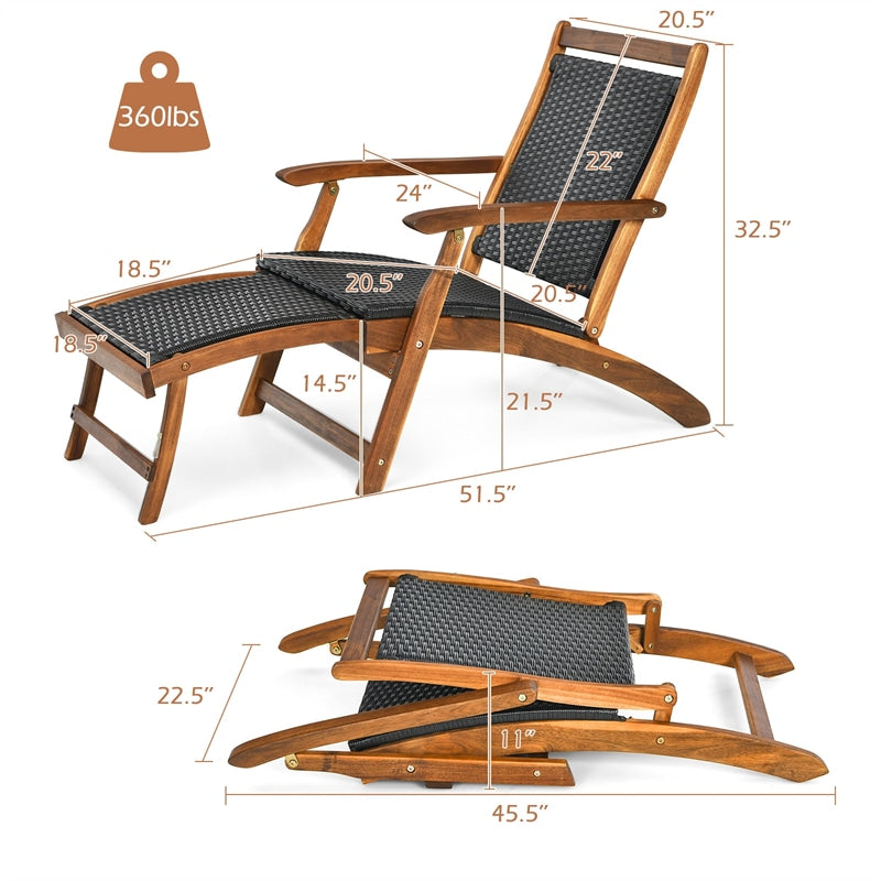 Patio Folding Rattan Lounge Chair Acacia Wood Wicker Outdoor Chaise Lounge Reclining Pool Chair with Retractable Footrest