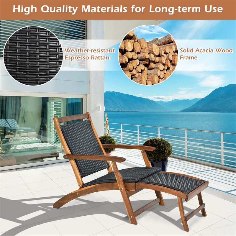 Patio Folding Rattan Lounge Chair Acacia Wood Wicker Outdoor Chaise Lounge Reclining Pool Chair with Retractable Footrest