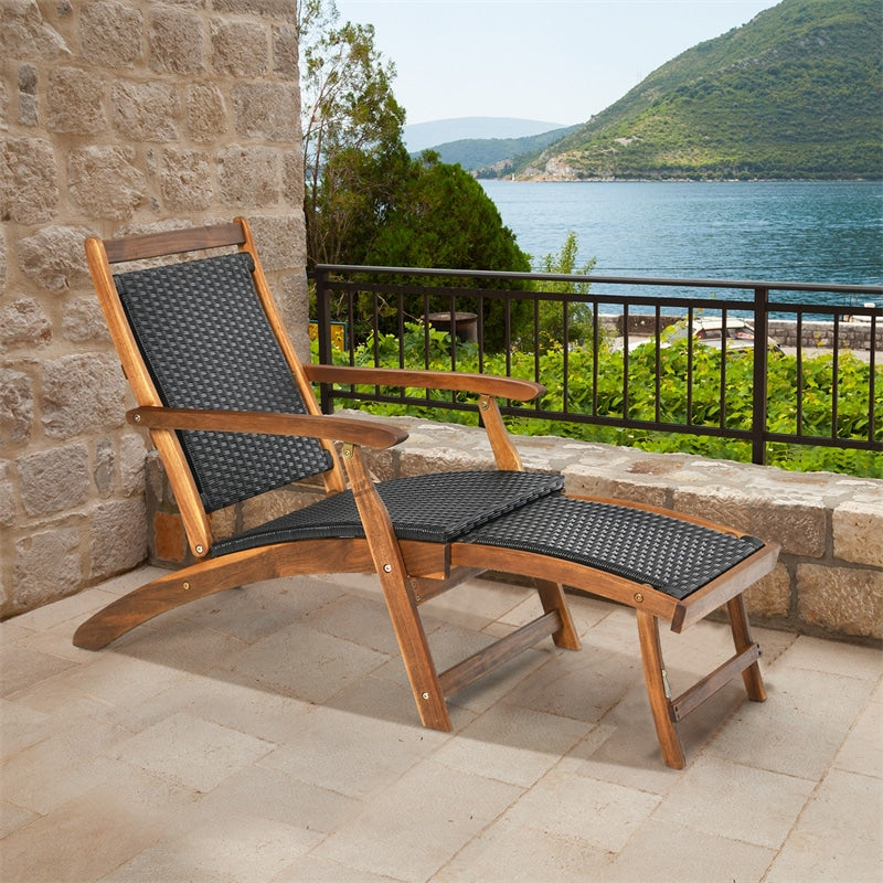 Patio Folding Rattan Lounge Chair Acacia Wood Wicker Outdoor Chaise Lounge Reclining Pool Chair with Retractable Footrest