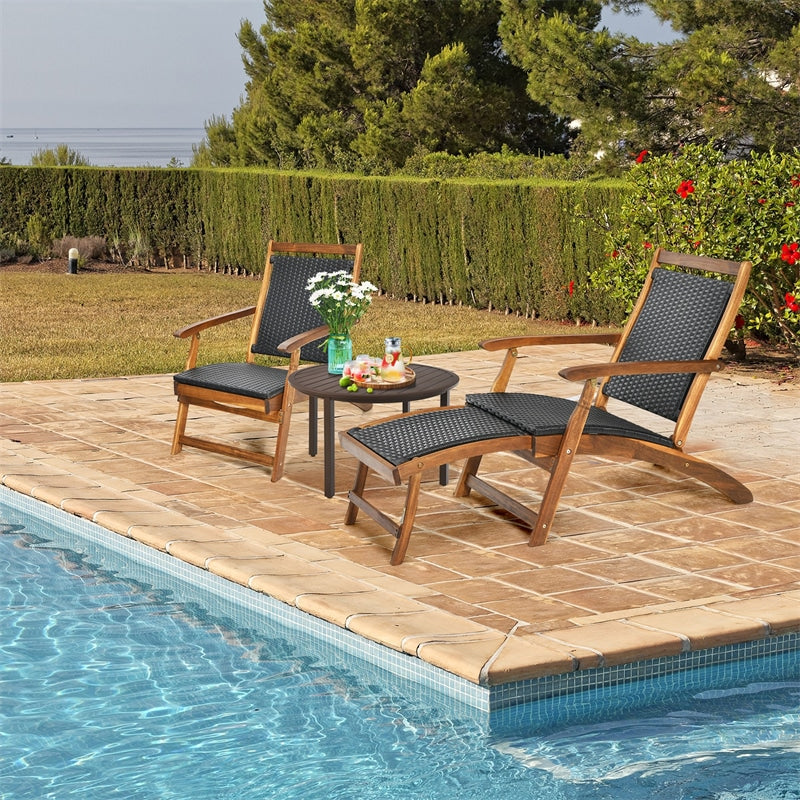 Patio Folding Rattan Lounge Chair Acacia Wood Wicker Outdoor Chaise Lounge Reclining Pool Chair with Retractable Footrest