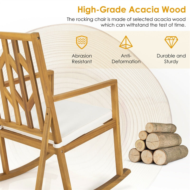 Acacia Wood Outdoor Rocking Chair Porch Rocker with Armrest & Cushion for Garden Backyard Deck