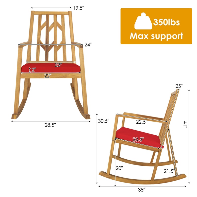 Acacia Wood Outdoor Rocking Chair Porch Rocker with Armrest & Cushion for Garden Backyard Deck