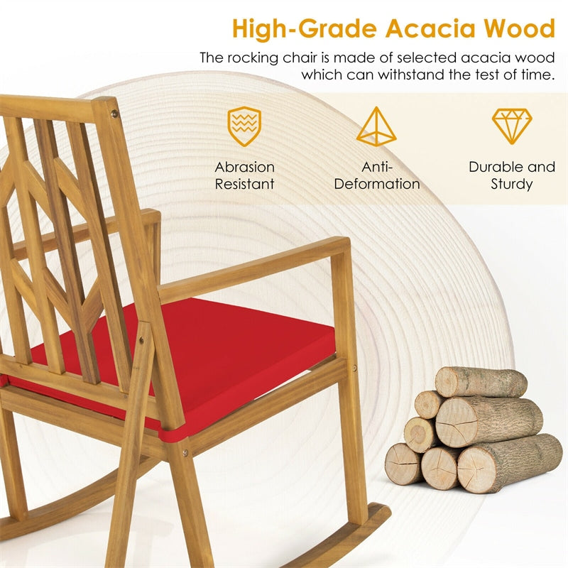 Acacia Wood Outdoor Rocking Chair Porch Rocker with Armrest & Cushion for Garden Backyard Deck