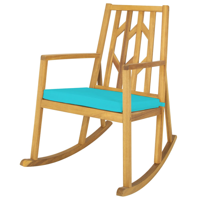 Acacia Wood Outdoor Rocking Chair Porch Rocker with Armrest & Cushion for Garden Backyard Deck