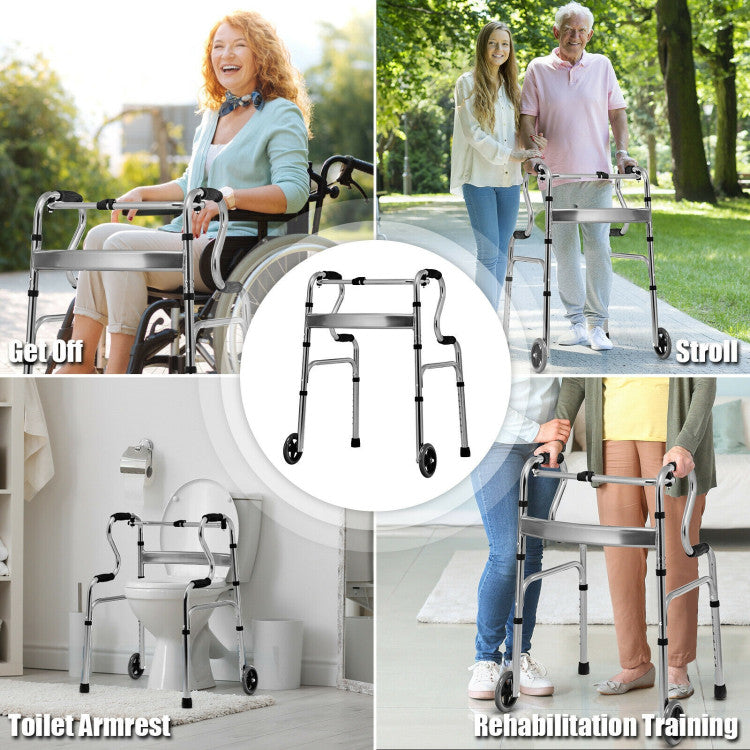 Adjustable Heavy-Duty Folding Walker with Unidirectional Wheels and Bi-Level Armrests