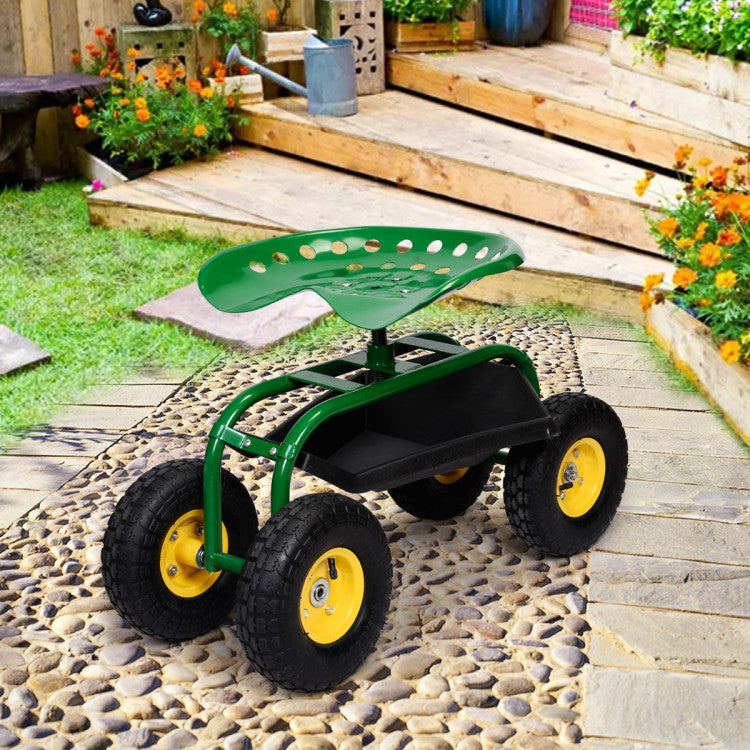 Adjustable Height 360° Rotation Garden Cart with Heavy-Duty Tool Tray