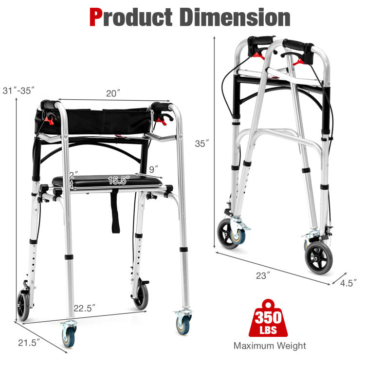 Adjustable Height  Aluminum Rollator Walker with Rolling Wheels and Brakes