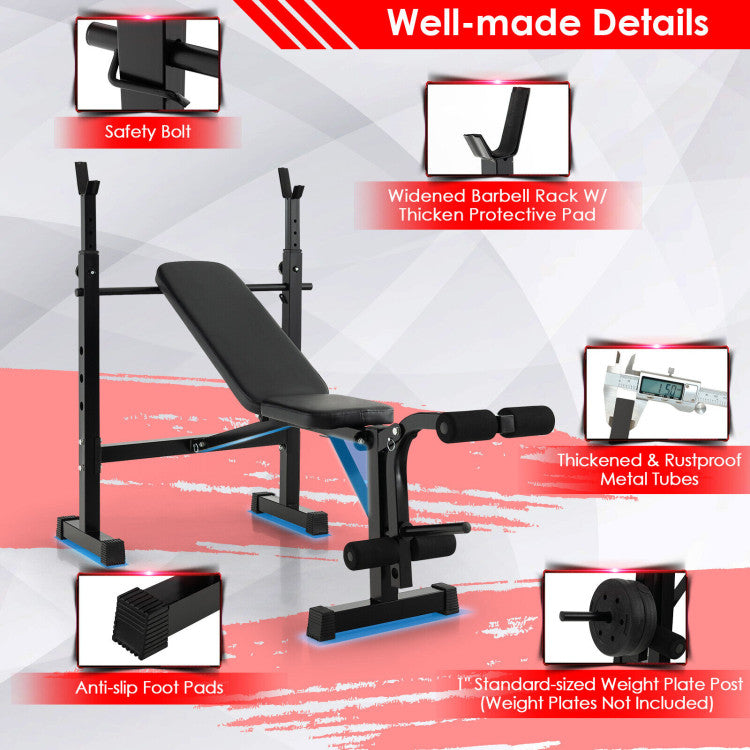 Adjustable Height and Position Weight Bench and Barbell Rack Set with 4 Foam Rollers