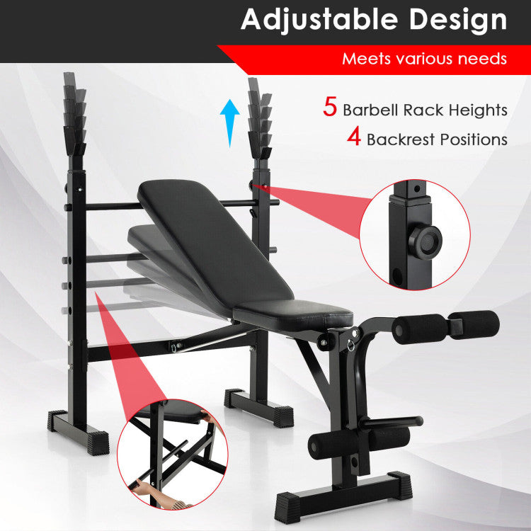 Adjustable Height and Position Weight Bench and Barbell Rack Set with 4 Foam Rollers