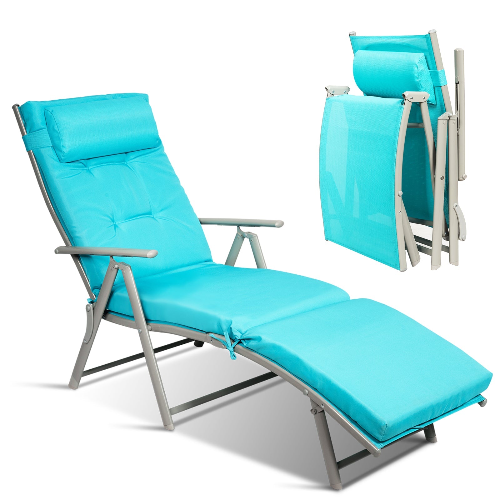 Adjustable Folding Lounge Chair with Pillow for Poolside and Patio