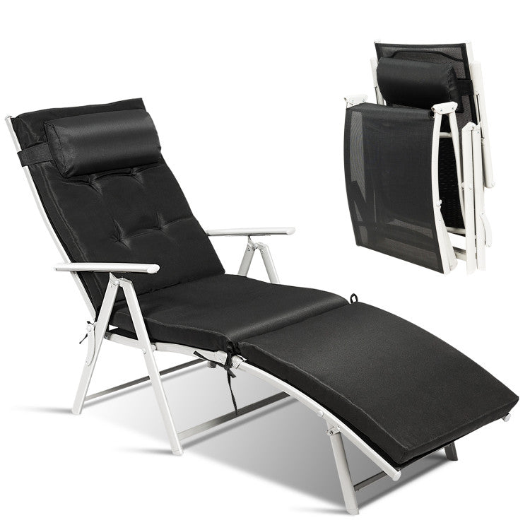 Adjustable Folding Lounge Chair with Pillow for Poolside and Patio