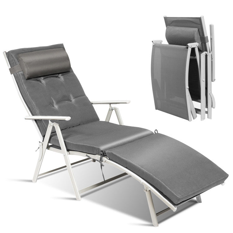 Adjustable Folding Lounge Chair with Pillow for Poolside and Patio