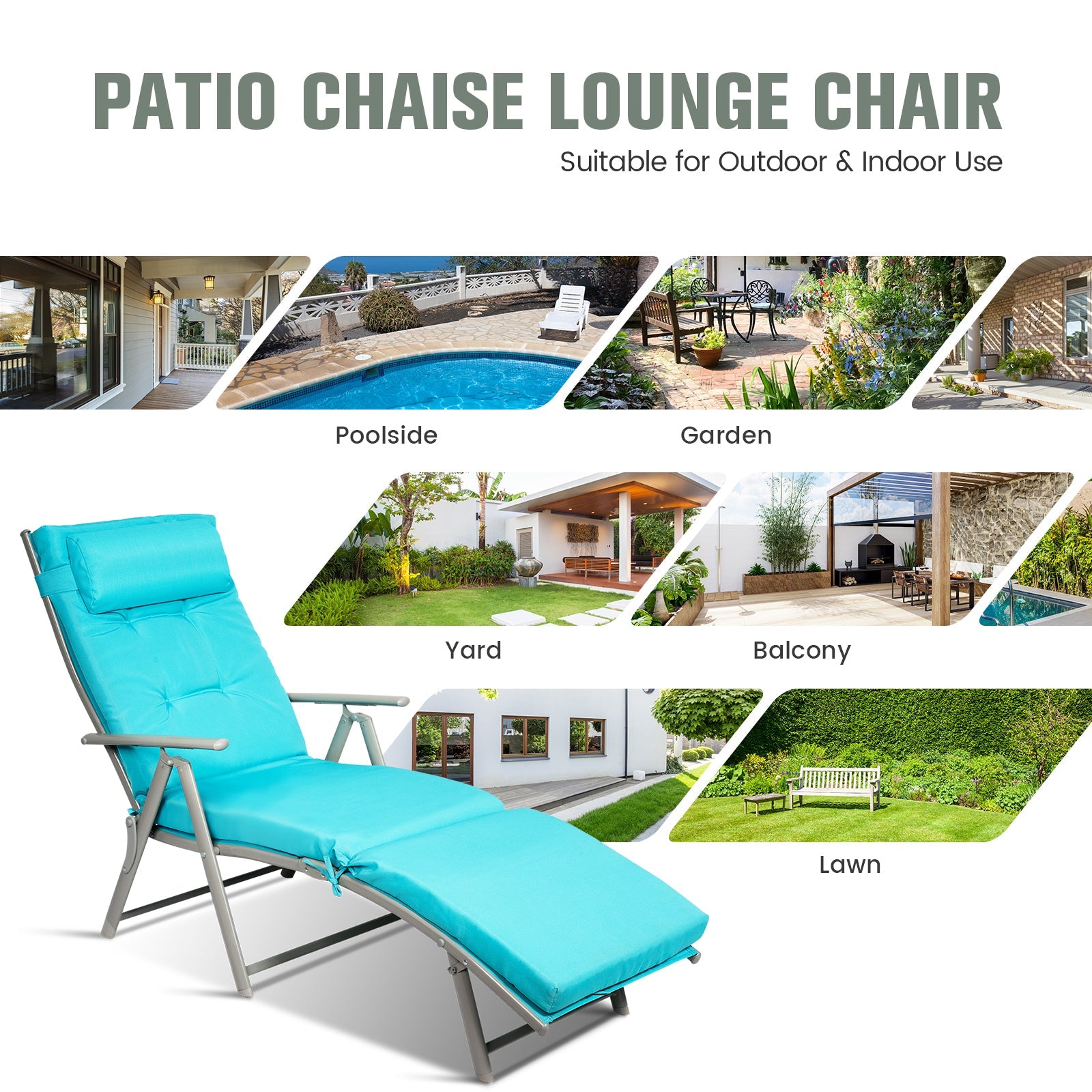 Adjustable Folding Lounge Chair with Pillow for Poolside and Patio