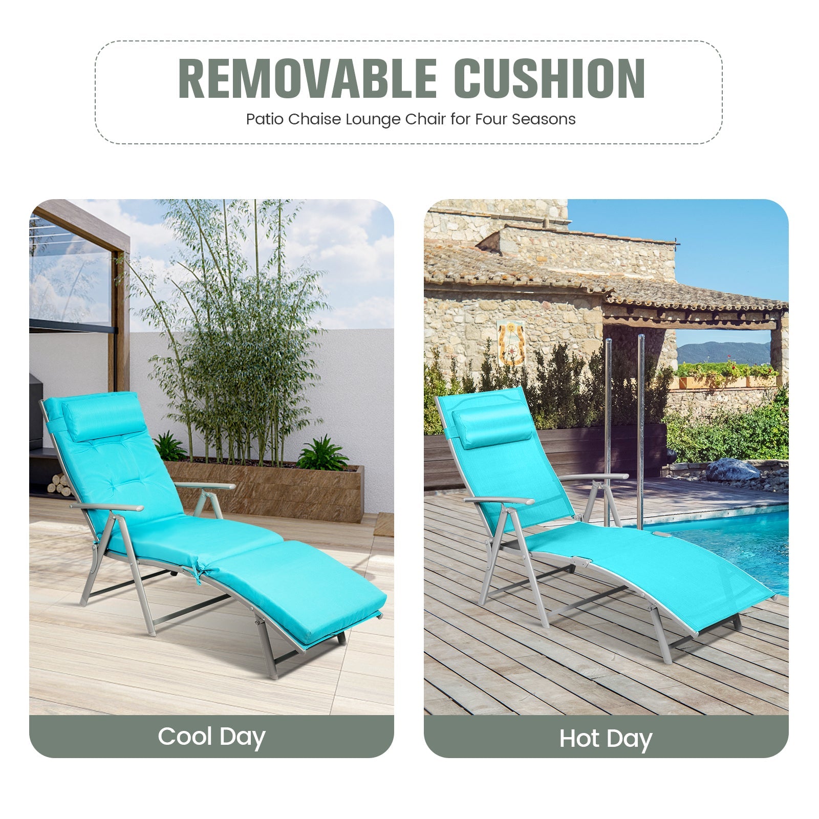 Adjustable Folding Lounge Chair with Pillow for Poolside and Patio