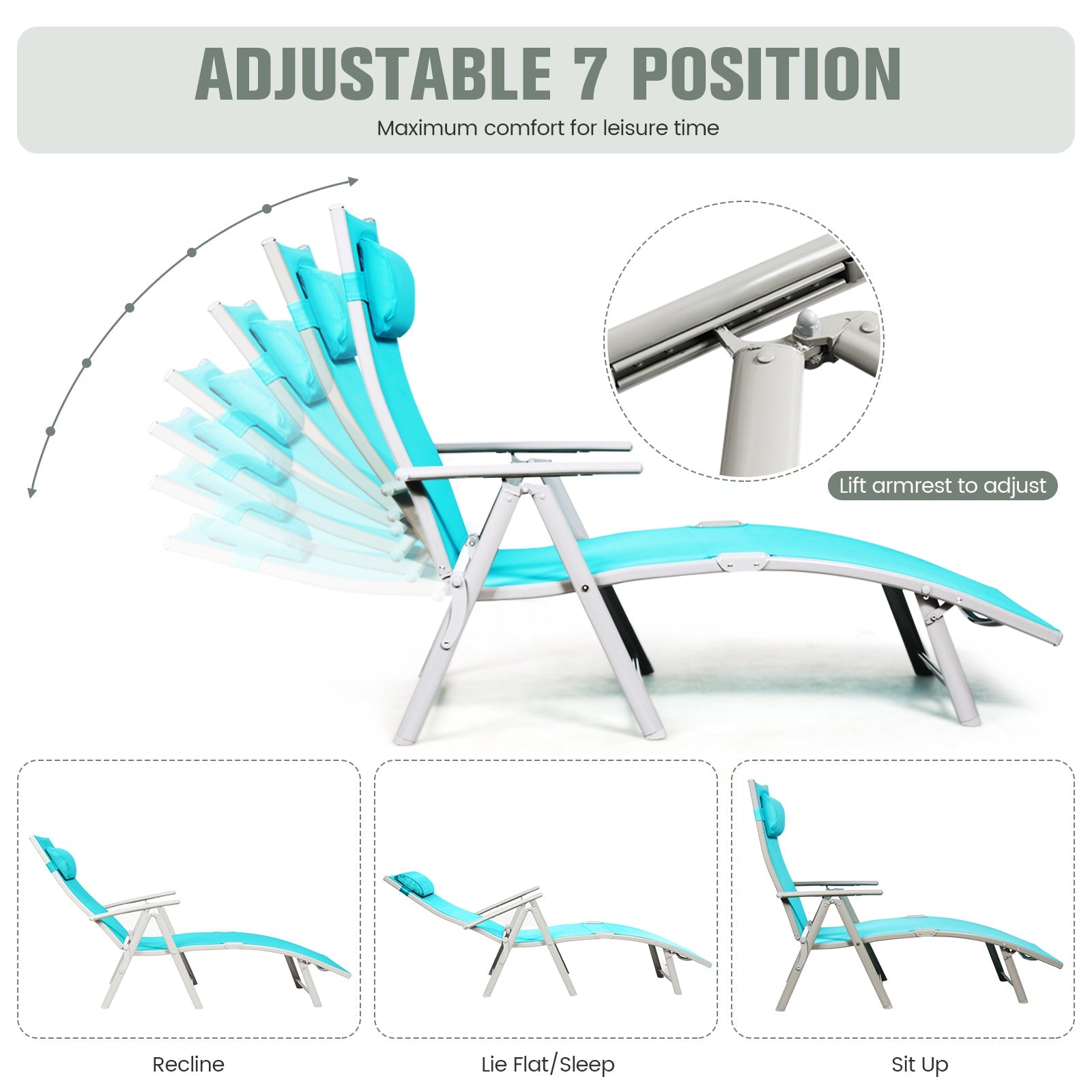 Adjustable Folding Lounge Chair with Pillow for Poolside and Patio