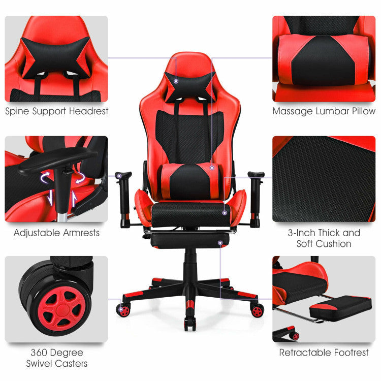 Adjustable Ergonomic Massage Gaming Chair with USB Massage Lumbar Pillow and Footrest