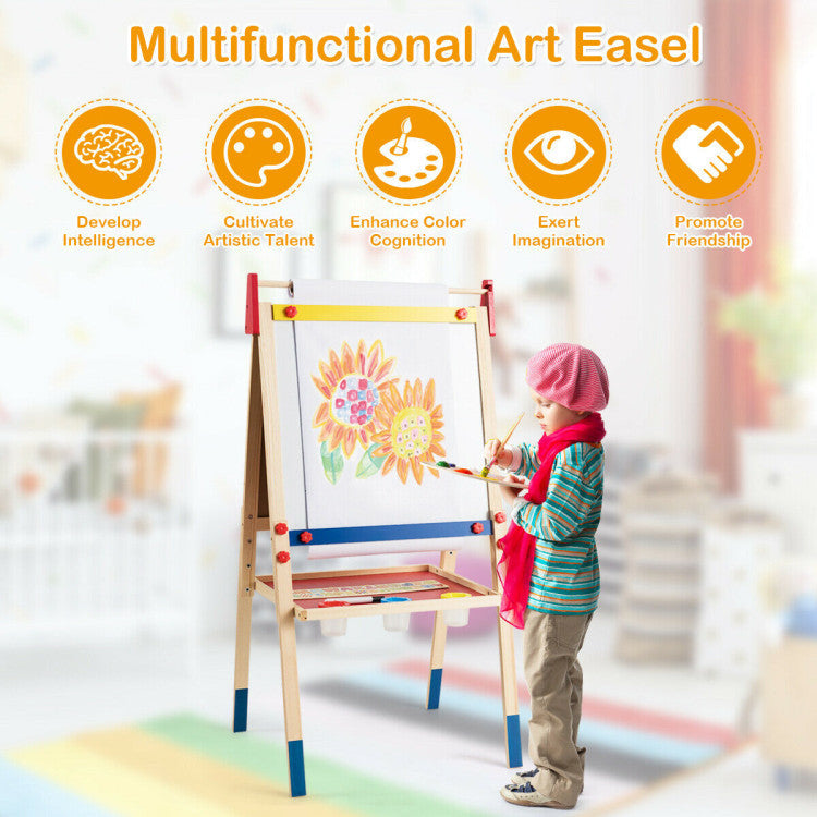 All-in-One Wooden Height Adjustable Kid's Art Easel with Accessories