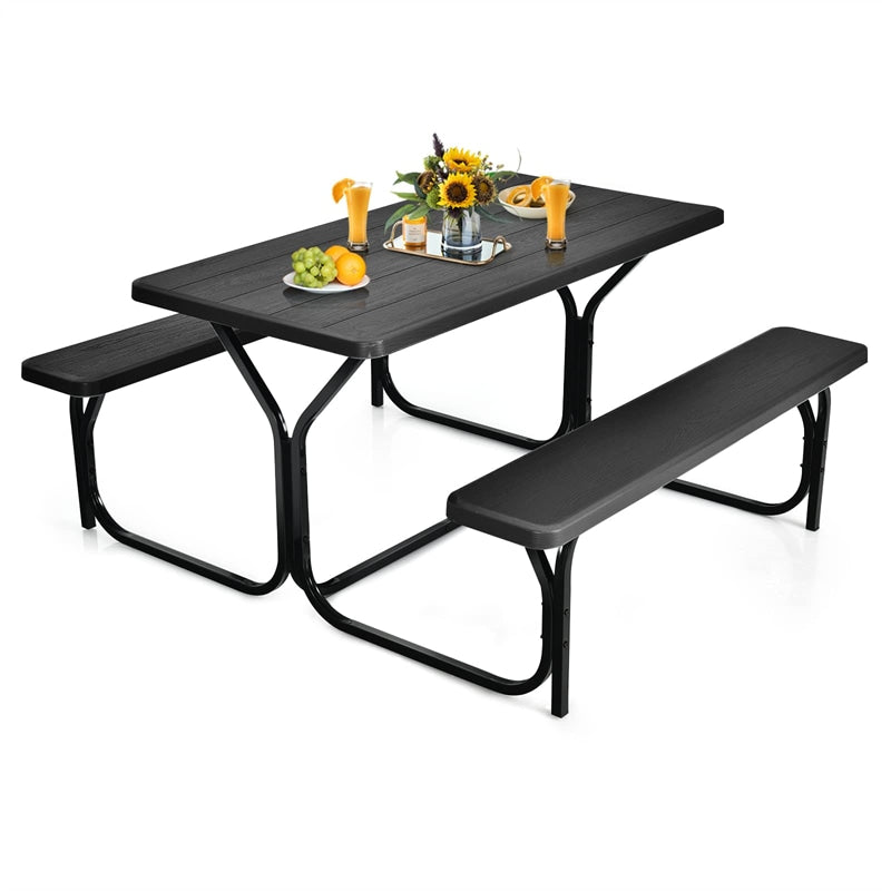 HDPE Picnic Table Bench Set Outdoor Camping Table All-Weather Metal Base Wood-Like Texture with 2 Built-in Benches