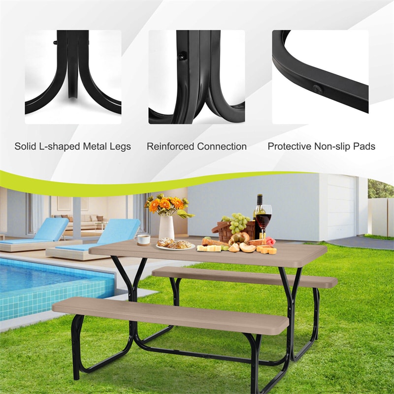 HDPE Picnic Table Bench Set Outdoor Camping Table All-Weather Metal Base Wood-Like Texture with 2 Built-in Benches