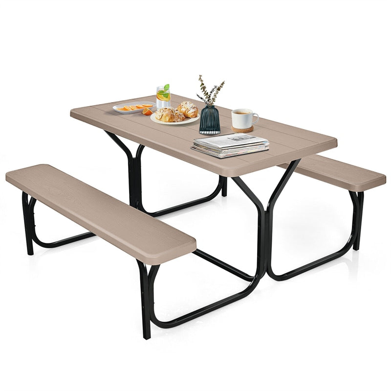 HDPE Picnic Table Bench Set Outdoor Camping Table All-Weather Metal Base Wood-Like Texture with 2 Built-in Benches