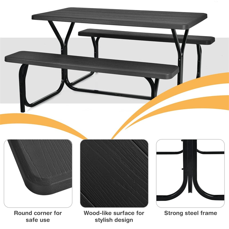 HDPE Picnic Table Bench Set Outdoor Camping Table All-Weather Metal Base Wood-Like Texture with 2 Built-in Benches