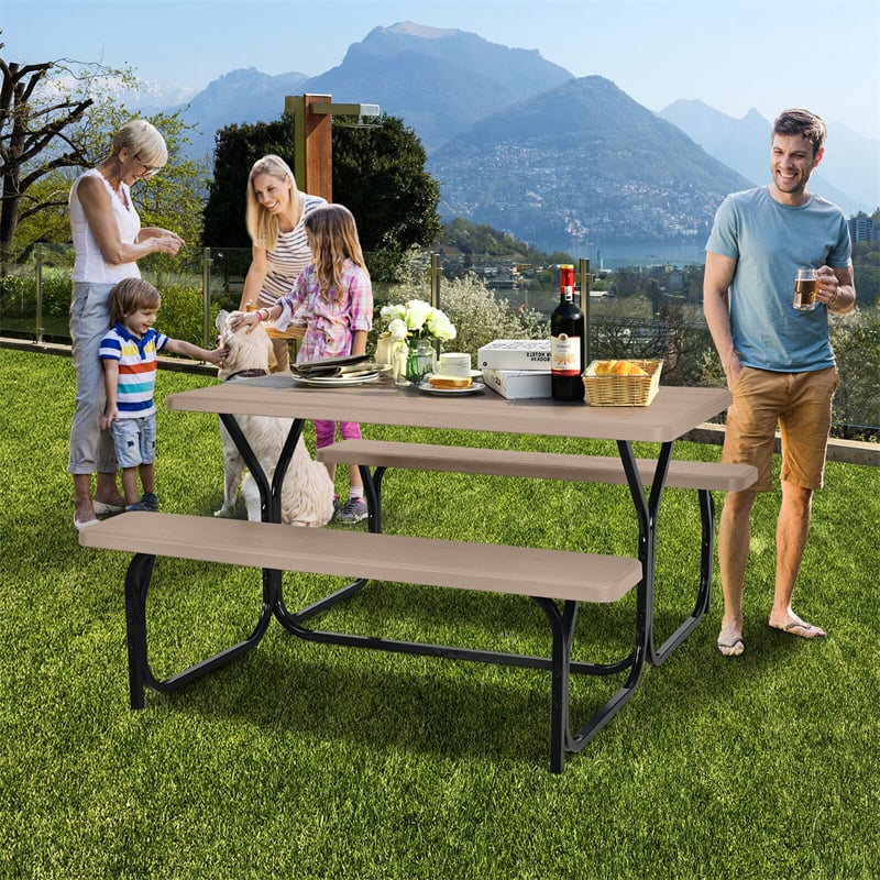 HDPE Picnic Table Bench Set Outdoor Camping Table All-Weather Metal Base Wood-Like Texture with 2 Built-in Benches