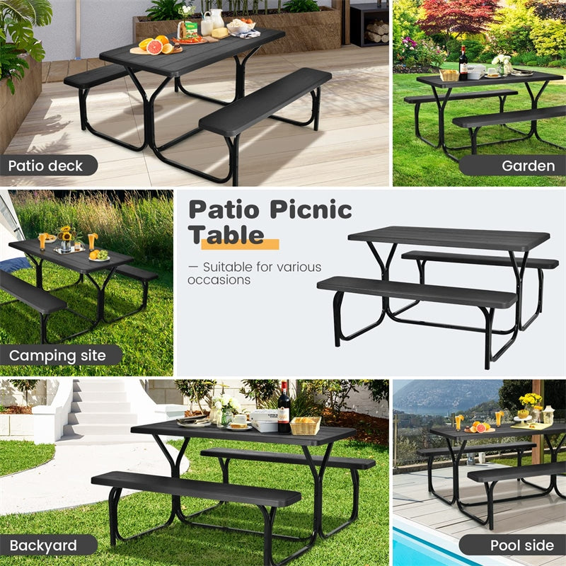 HDPE Picnic Table Bench Set Outdoor Camping Table All-Weather Metal Base Wood-Like Texture with 2 Built-in Benches