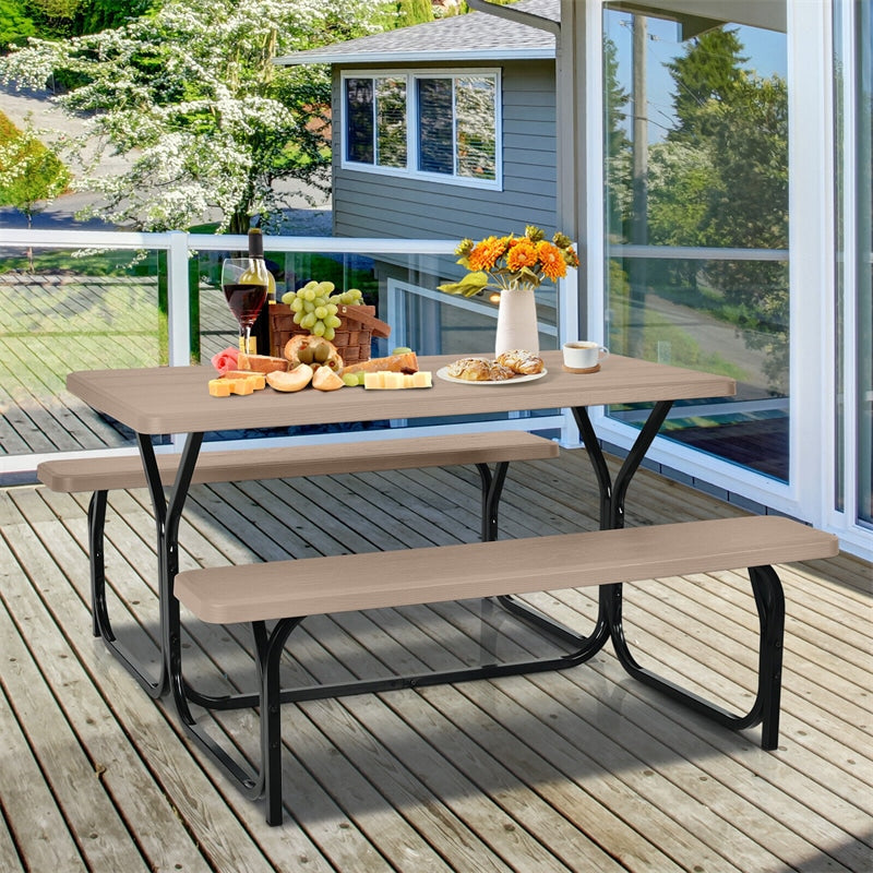 HDPE Picnic Table Bench Set Outdoor Camping Table All-Weather Metal Base Wood-Like Texture with 2 Built-in Benches