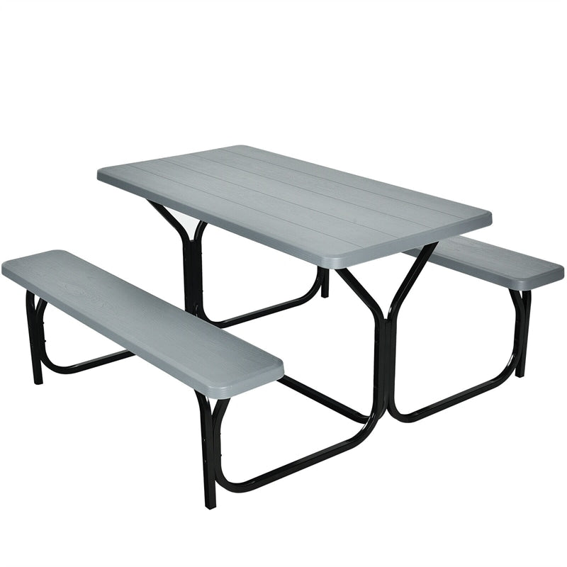 HDPE Picnic Table Bench Set Outdoor Camping Table All-Weather Metal Base Wood-Like Texture with 2 Built-in Benches