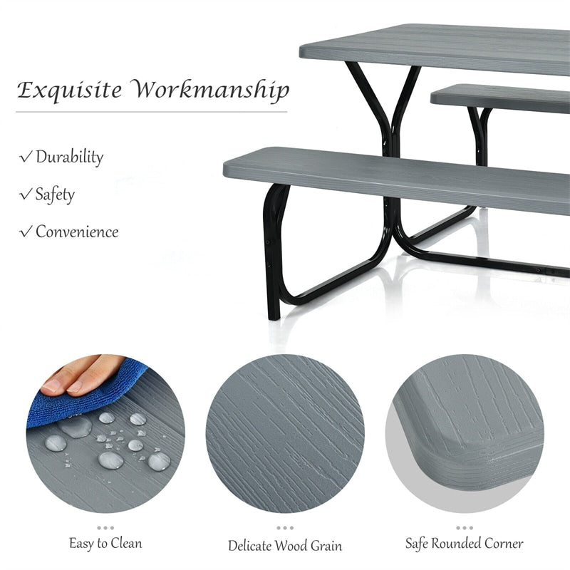 HDPE Picnic Table Bench Set Outdoor Camping Table All-Weather Metal Base Wood-Like Texture with 2 Built-in Benches