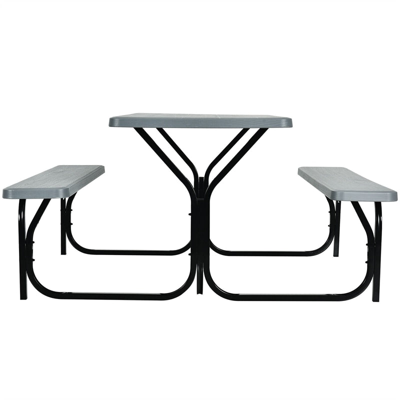 HDPE Picnic Table Bench Set Outdoor Camping Table All-Weather Metal Base Wood-Like Texture with 2 Built-in Benches