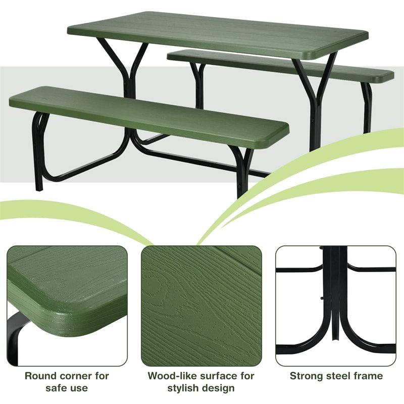 HDPE Picnic Table Bench Set Outdoor Camping Table All-Weather Metal Base Wood-Like Texture with 2 Built-in Benches